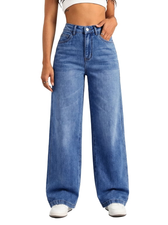 Women's Wide Leg Baggy Jeans Mid Rise Butt Lifting Stretchy Denim Pants Back Patchwork Boyfriend Jeans