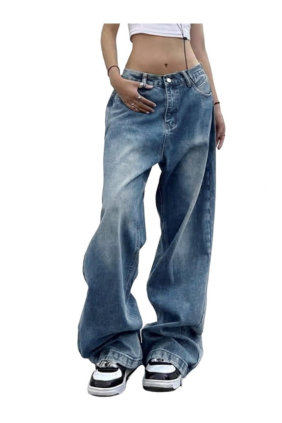 Women's Wide Leg Jeans Mid-Low Waist Baggy Jeans Vintage Y2K Loose Fit Jeans 90s Boyfriends Denim Pants