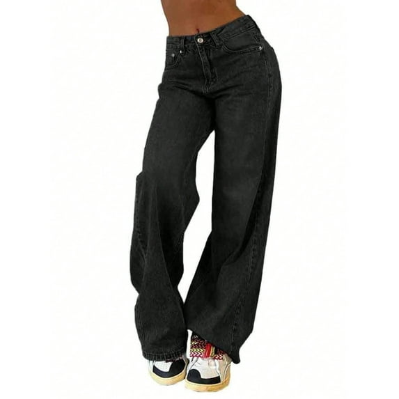 EMMIOL Women's Wide Leg Jeans Mid Rise Baggy Jeans Y2K Vintage Straight Leg Boyfriends Denim Pants Fall Casual/Street Clothes