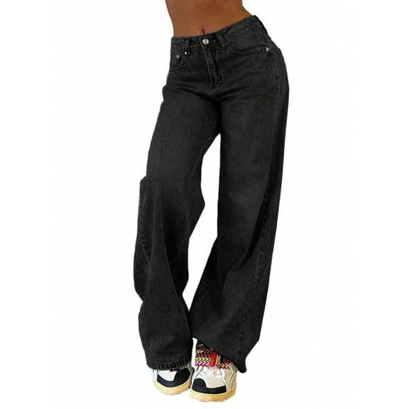 EMMIOL Women's Wide Leg Jeans Mid Rise Baggy Jeans Y2K Vintage Straight Leg Boyfriends Denim Pants Fall Casual/Street Clothes