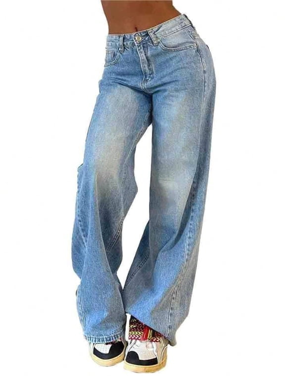 Women's Wide Leg Jeans Mid Rise Baggy Jeans Y2K Vintage Straight Leg Boyfriends Denim Pants Fall Casual/Street Clothes