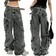 thumbnail image 1 of EMMIOL Women's Y2K Mid Waist Baggy Cargo Jeans Ripped Wide Leg Acid Washed Jeans Denim Pants with Pockets, 1 of 6