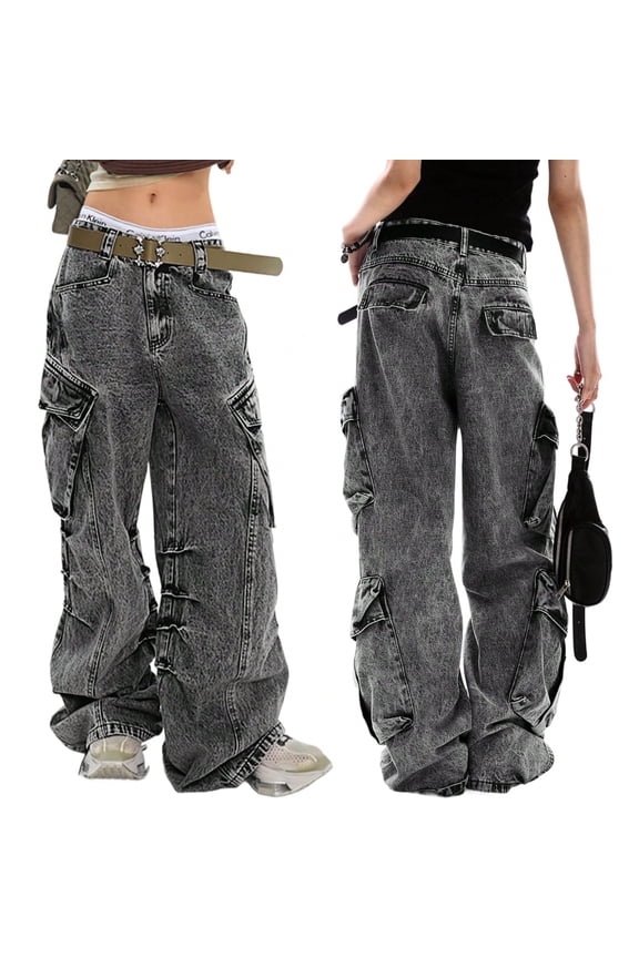 Women's Y2K Mid Waist Baggy Cargo Jeans Ripped Wide Leg Acid Washed Jeans Denim Pants with Pockets
