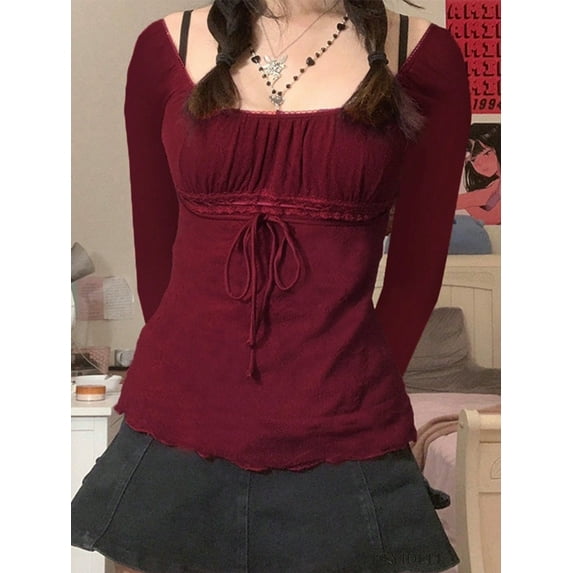 EMMIOL Women's Y2K Off-Shoulder Square Neck Long Sleeve Top with Front Tie, Trendy Slim Fit Spring/Fall Blouse