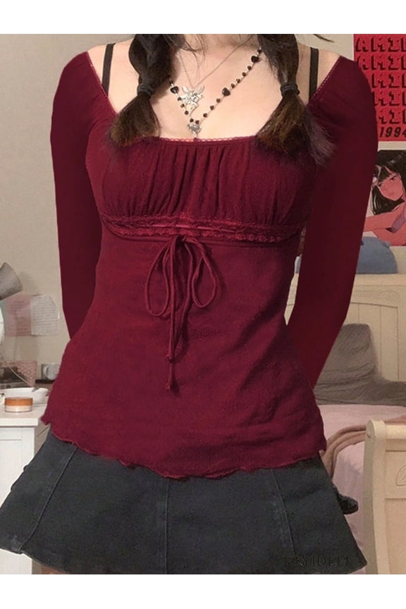 Women's Y2K Off-Shoulder Square Neck Long Sleeve Top with Front Tie, Trendy Slim Fit Spring/Fall Blouse