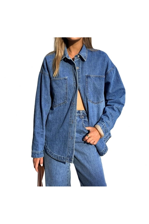 Women's Y2K Oversized Denim Shirt Jacket Long Sleeve Button Down Distressed Jean Blouse 2026 Spring Trendy Casual Denim Top