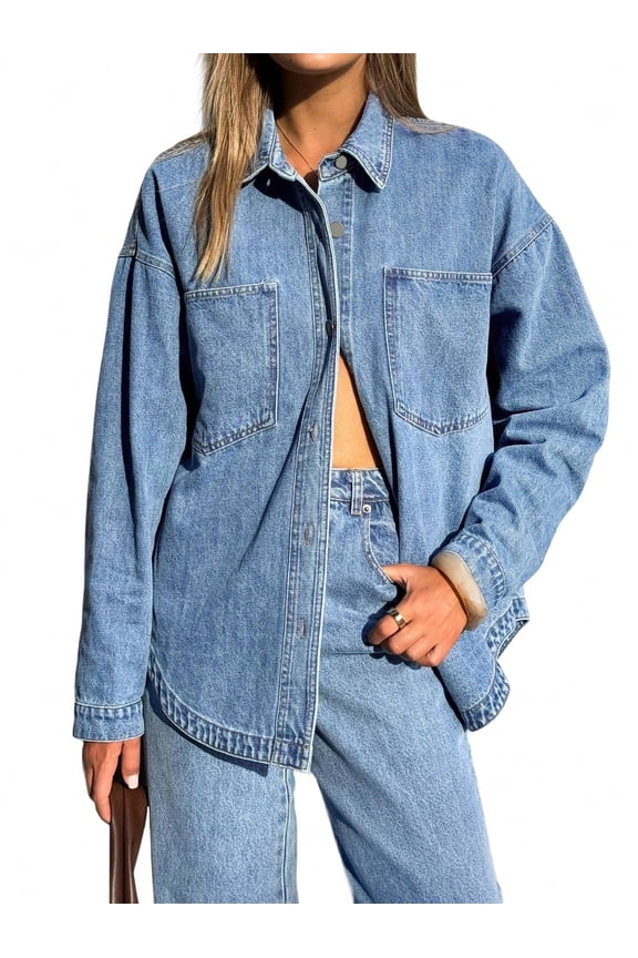 Women's Y2K Oversized Denim Shirt Jacket Long Sleeve Button Down Distressed Jean Blouse 2026 Spring Trendy Casual Denim Top