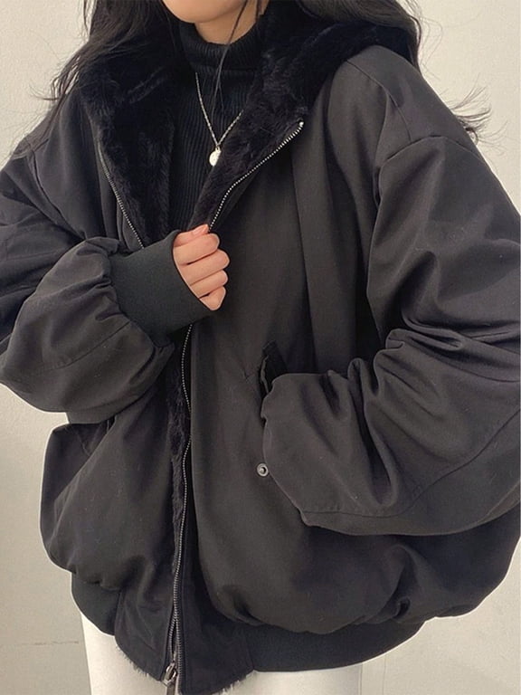 Christmas Women's Y2K Reversible Oversize Fleece Hooded Jacket Sherpa Lined Long Sleeve Zip-Up Puffer Jacket,2025 Winter Warm Coat