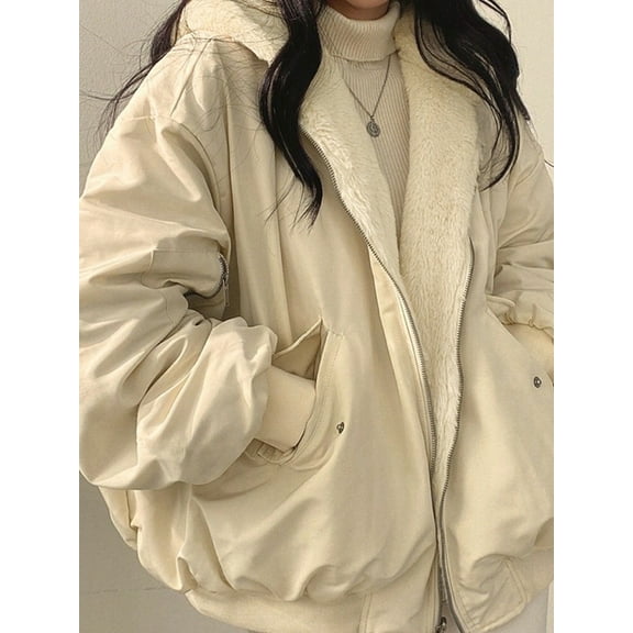 EMMIOL Christmas Women's Y2K Reversible Oversize Fleece Hooded Jacket Sherpa Lined Long Sleeve Zip-Up Puffer Jacket,2025 Winter Warm Coat