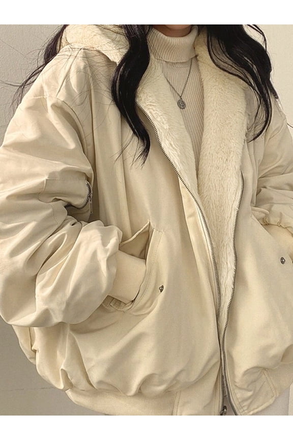 Christmas Women's Y2K Reversible Oversize Fleece Hooded Jacket Sherpa Lined Long Sleeve Zip-Up Puffer Jacket,2025 Winter Warm Coat