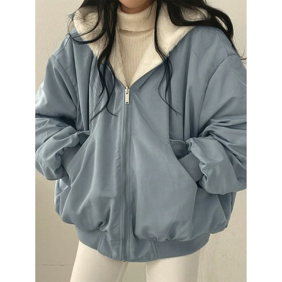 EMMIOL Christmas Women's Y2K Reversible Oversize Fleece Hooded Jacket Sherpa Lined Long Sleeve Zip-Up Puffer Jacket,2025 Winter Warm Coat