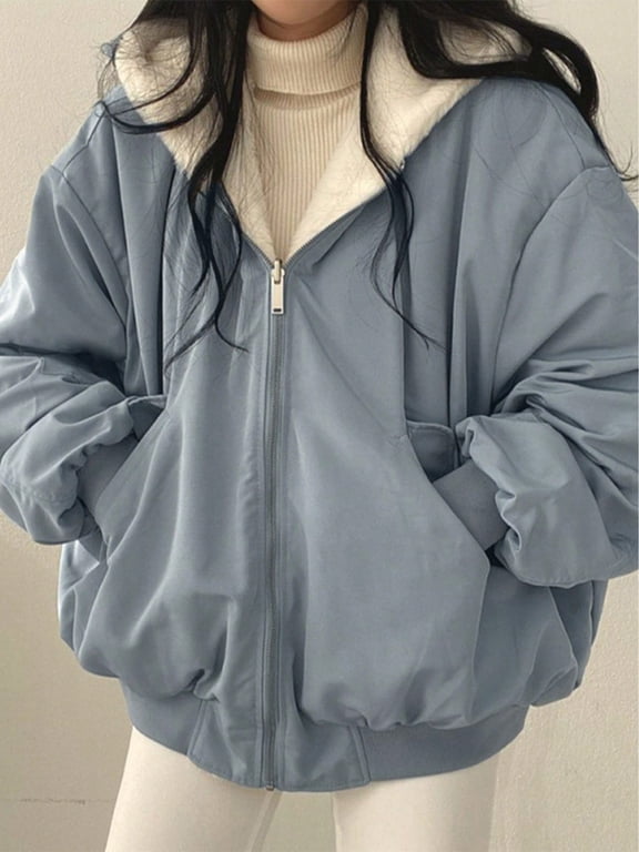 Christmas Women's Y2K Reversible Oversize Fleece Hooded Jacket Sherpa Lined Long Sleeve Zip-Up Puffer Jacket,2025 Winter Warm Coat