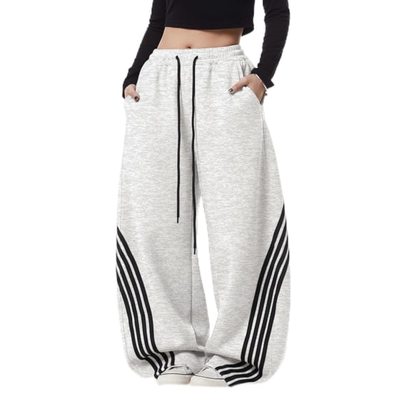 EMMIOL Women's Y2K Striped Baggy Sweatpants, High Waisted Wide Leg Casual Joggers with Drawstring Waist and Cuffs