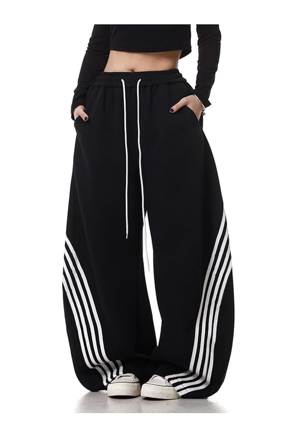 Women's Y2K Striped Baggy Sweatpants, High Waisted Wide Leg Casual Joggers with Drawstring Waist and Cuffs