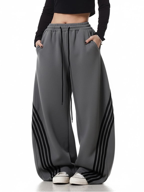 Women's Y2K Striped Baggy Sweatpants, High Waisted Wide Leg Casual Joggers with Drawstring Waist and Cuffs