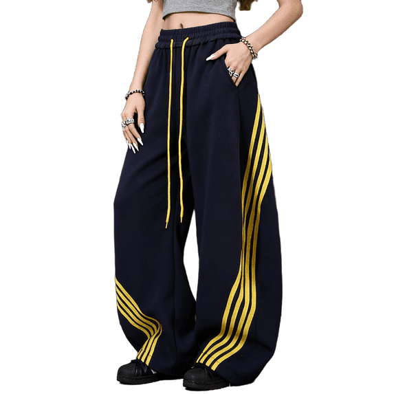 EMMIOL Women's Y2K Striped Baggy Sweatpants, High Waisted Wide Leg Casual Joggers with Drawstring Waist and Cuffs