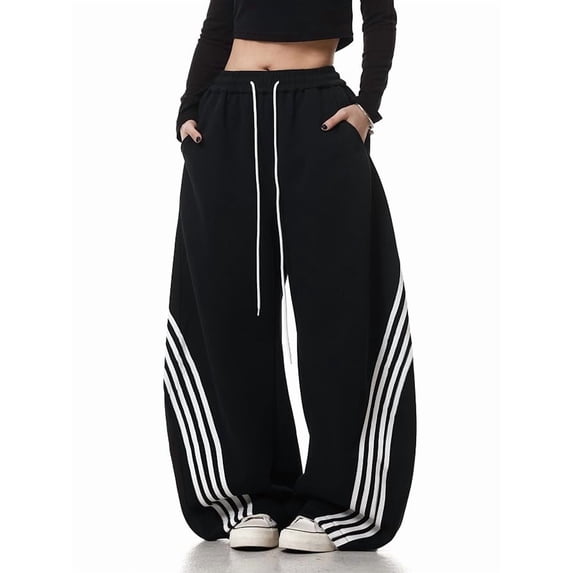 EMMIOL Women's Y2K Striped Baggy Sweatpants, High Waisted Wide Leg Casual Joggers with Drawstring Waist and Cuffs