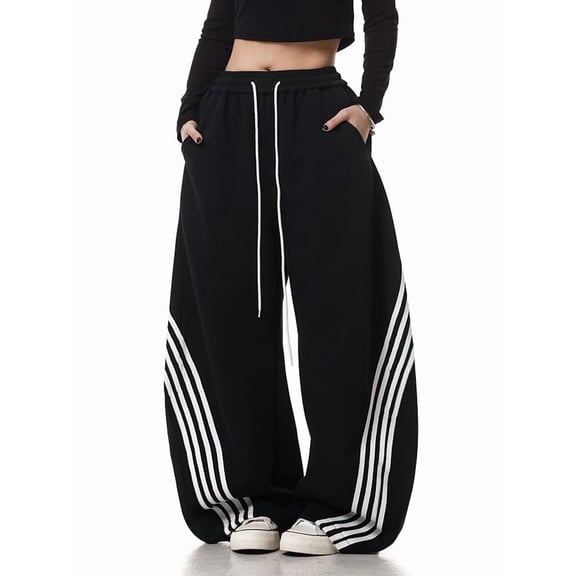 EMMIOL Women's Y2K Striped Baggy Sweatpants, High Waisted Wide Leg Casual Joggers with Drawstring Waist and Cuffs