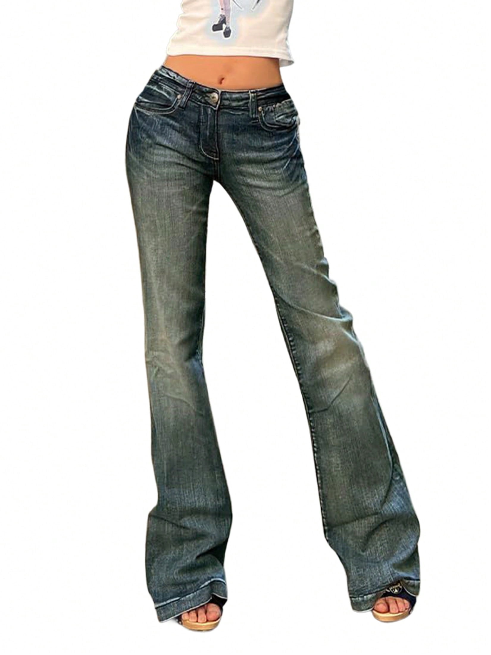 EMMIOL Women's Y2K Vintage Flare Jeans 90s Mid Rise Bootcut Denim