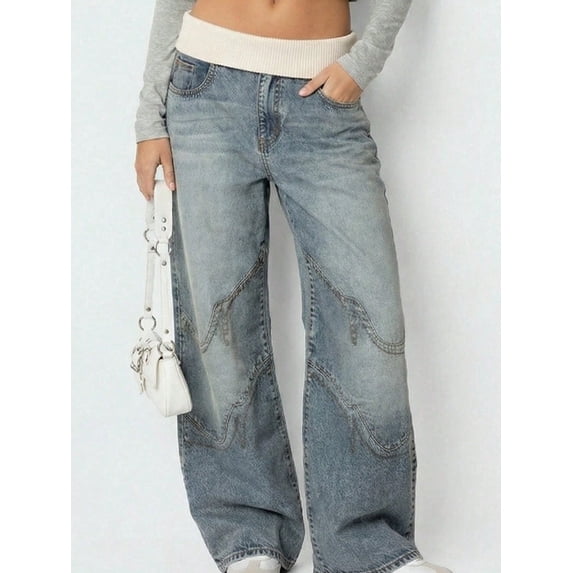 EMMIOL Women's Y2K Vintage High-Waisted Baggy Wide-Leg Jeans Contrast Wave Stitching Washed Denim Pants Streetwear