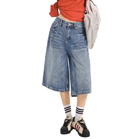 EMMIOL Women's Jean Shorts Y2K Mid Waist Baggy Wide Leg Denim Shorts,Distressed Jorts for Summer Streetwear