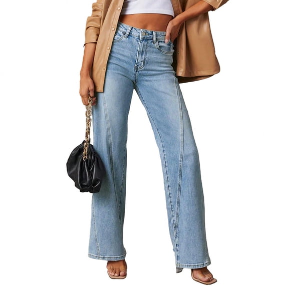 EMMIOL Women's High-Waisted Seamed Wide-Leg Jeans Stretchy Vintage Washed Denim Pants Casual Y2K Streetwear Trousers