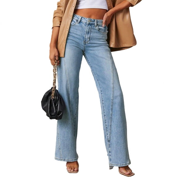 EMMIOLNEW Women's High-Waisted Seamed Wide-Leg Jeans Stretchy Vintage Washed Denim Pants Casual Y2K Streetwear Trousers
