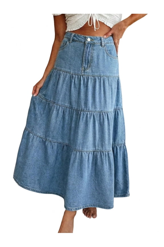 Women's High Waisted Tiered Denim Maxi Skirt Vintage A-Line Swing Jean Skirt with Pockets Casual Boho Style
