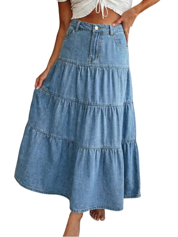 Women's High Waisted Tiered Denim Maxi Skirt Vintage A-Line Swing Jean Skirt with Pockets Casual Boho Style