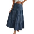 thumbnail image 1 of EMMIOL Women's High Waisted Tiered Denim Maxi Skirt Vintage A-Line Swing Jean Skirt with Pockets Casual Boho Style, 1 of 10