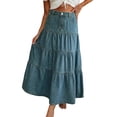 thumbnail image 1 of EMMIOL Women's High Waisted Tiered Denim Maxi Skirt Vintage A-Line Swing Jean Skirt with Pockets Casual Boho Style, 1 of 10
