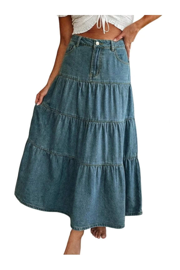 EMMIOL Women's High Waisted Tiered Denim Maxi Skirt Vintage A-Line Swing Jean Skirt with Pockets Casual Boho Style