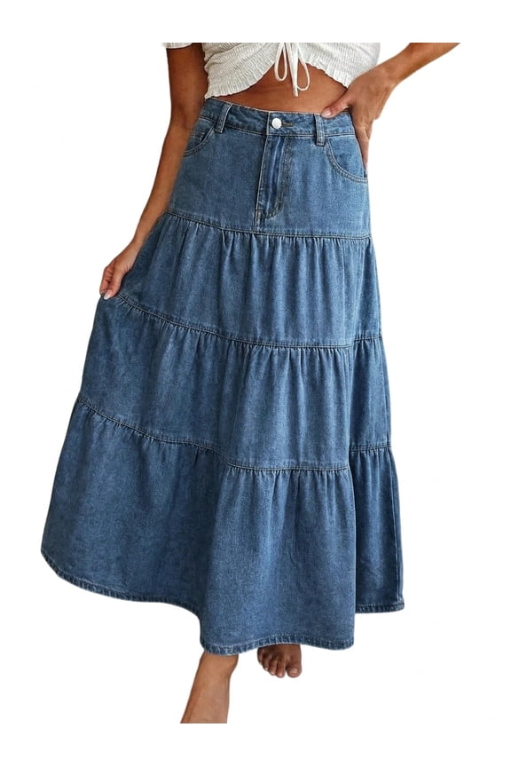 EMMIOLNEW Women's High Waisted Tiered Denim Maxi Skirt Vintage A-Line Swing Jean Skirt with Pockets Casual Boho Style