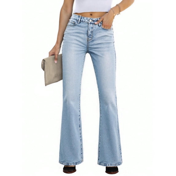 EMMIOL Women's Mid-High Waist Stretchy Flare Jeans Light Wash Bell Bottom Denim Pants Y2K Trendy Vintage Jeans
