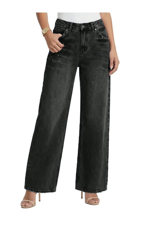 EMMIOLNEW Women's Mid-High Waist Y2K Baggy Wide Leg Jeans Vintage Washed Denim Pants with Rivet Detail & Pockets 2026 Trendy Streetwear
