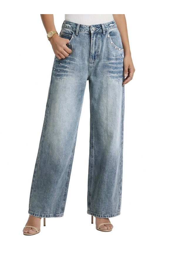 EMMIOLNEW Women's Mid-High Waist Y2K Baggy Wide Leg Jeans Vintage Washed Denim Pants with Rivet Detail & Pockets 2026 Trendy Streetwear