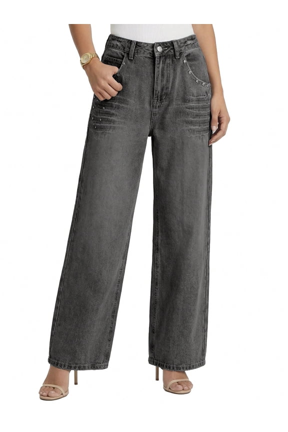 Women's Mid-High Waist Y2K Baggy Wide Leg Jeans Vintage Washed Denim Pants with Rivet Detail & Pockets 2026 Trendy Streetwear