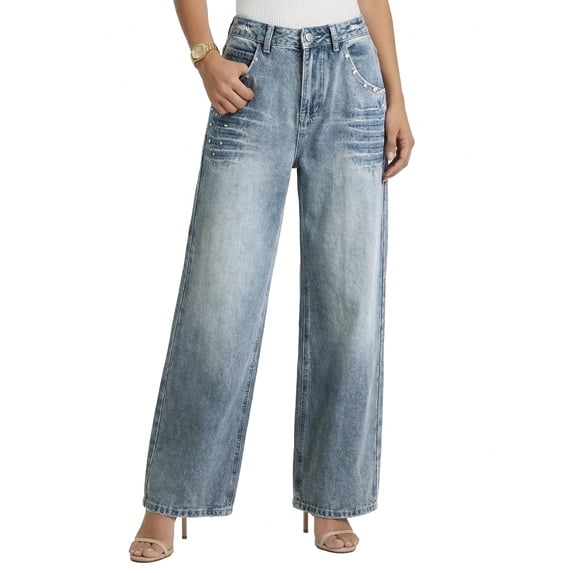 EMMIOL Women's Mid-High Waist Y2K Baggy Wide Leg Jeans Vintage Washed Denim Pants with Rivet Detail & Pockets 2026 Trendy Streetwear