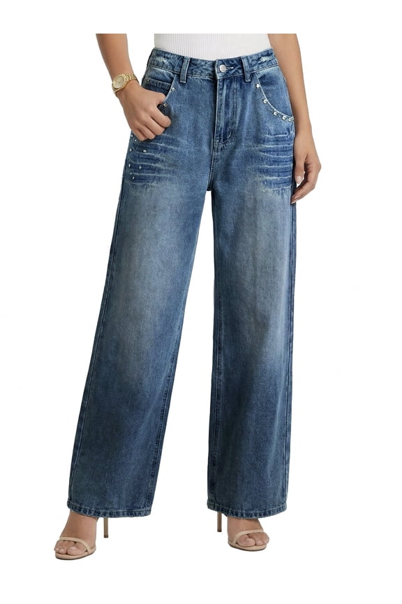 EMMIOLNEW Women's Mid-High Waist Y2K Baggy Wide Leg Jeans Vintage Washed Denim Pants with Rivet Detail & Pockets 2026 Trendy Streetwear