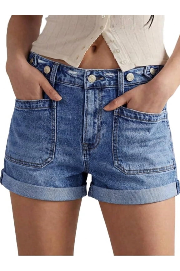 EMMIOL Women's Mid-Rise Stretchy Denim Hot Shorts Y2K Vintage Washed Rolled Hem Jean Shorts with Adjustable Waist and Patch Pockets