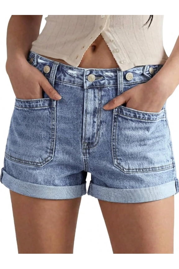 EMMIOL Women's Mid-Rise Stretchy Denim Hot Shorts Y2K Vintage Washed Rolled Hem Jean Shorts with Adjustable Waist and Patch Pockets