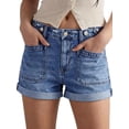 thumbnail image 1 of EMMIOL Women's Mid-Rise Stretchy Denim Hot Shorts Y2K Vintage Washed Rolled Hem Jean Shorts with Adjustable Waist and Patch Pockets, 1 of 9