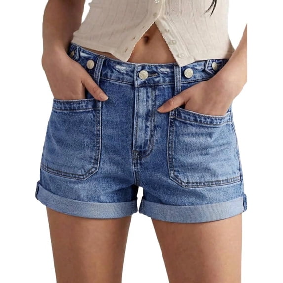EMMIOL Women's Mid-Rise Stretchy Denim Hot Shorts Y2K Vintage Washed Rolled Hem Jean Shorts with Adjustable Waist and Patch Pockets