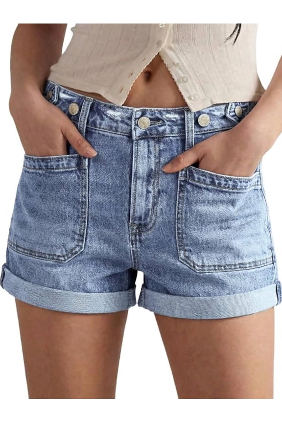 Women's Mid-Rise Stretchy Denim Hot Shorts Y2K Vintage Washed Rolled Hem Jean Shorts with Adjustable Waist and Patch Pockets