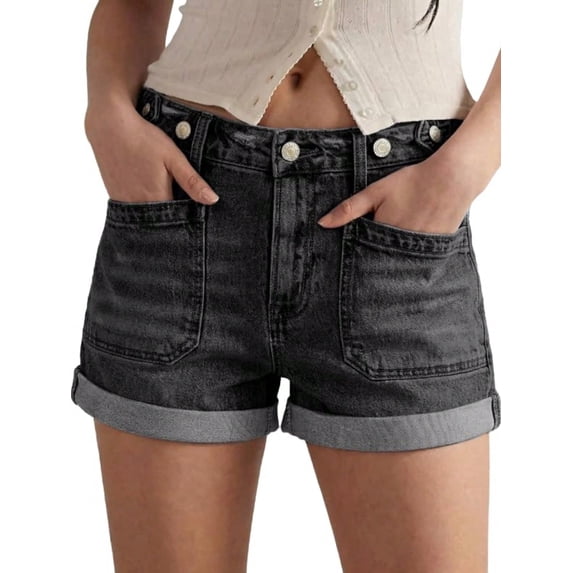 EMMIOL Women's Mid-Rise Stretchy Denim Hot Shorts Y2K Vintage Washed Rolled Hem Jean Shorts with Adjustable Waist and Patch Pockets
