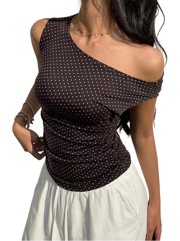 Women's Off Shoulder Sleeveless Polka Dot Ruched Tank Top - Y2K Casual Going Out Top