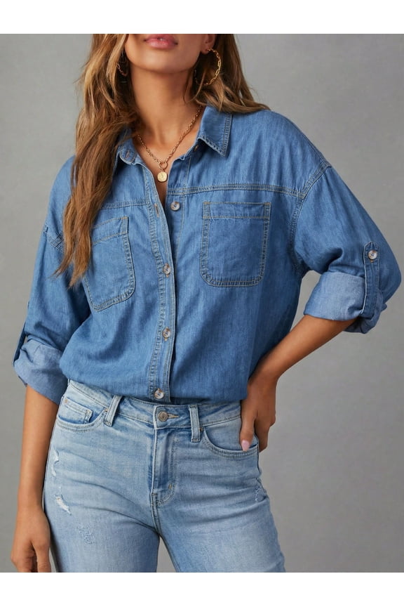 Women's Oversized 100% Cotton Denim Shirt Long Sleeve Button-Down Blouse with Pockets Casual Western Style