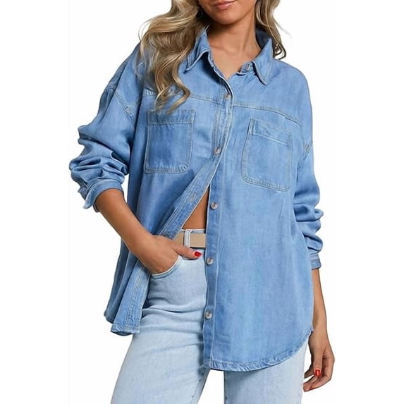 EMMIOL Women's Oversized 100% Cotton Denim Shirt Long Sleeve Button-Down Blouse with Pockets Casual Western Style