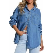 EMMIOL Women's Oversized 100% Cotton Denim Shirt Long Sleeve Button-Down Blouse with Pockets Casual Western Style