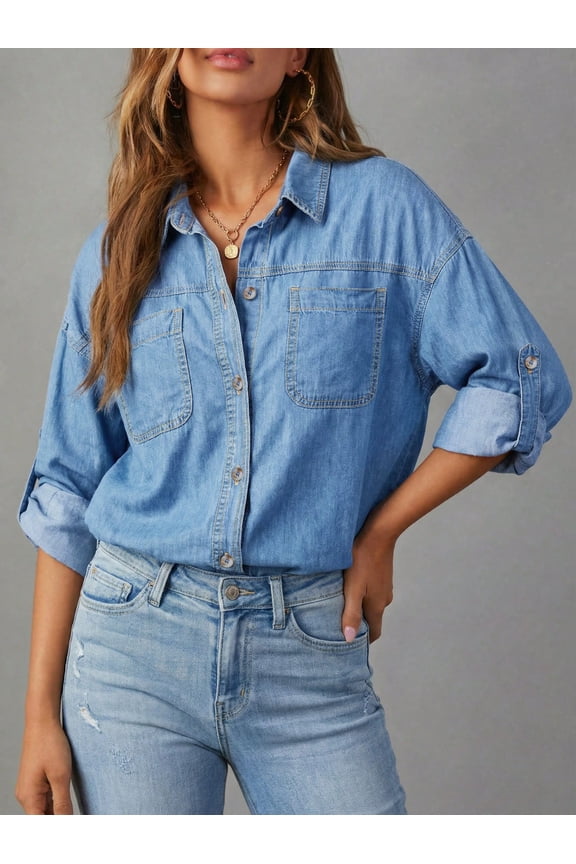 Women's Oversized 100% Cotton Denim Shirt Long Sleeve Button-Down Blouse with Pockets Casual Western Style
